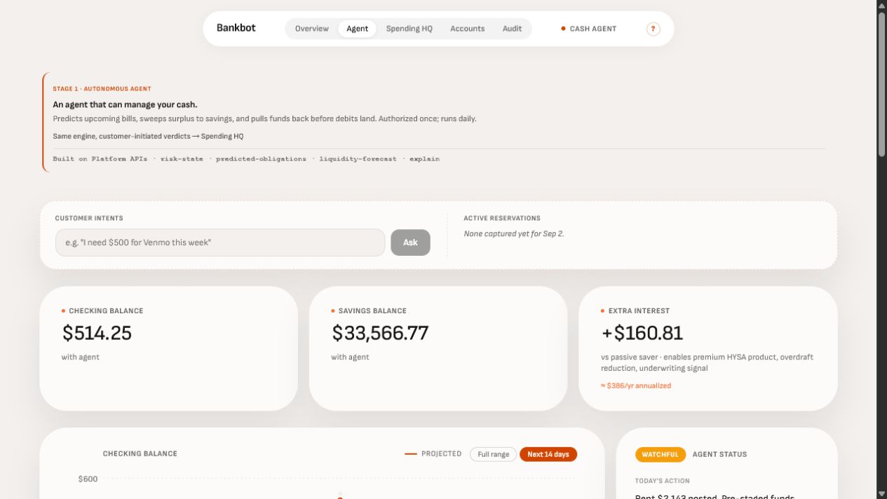 Liquidity Assistant agent view showing checking and savings balances, extra interest earned, and a projected cashflow decision