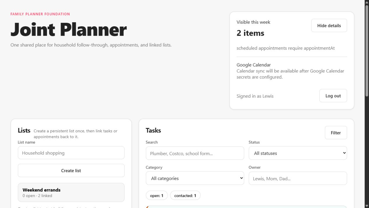 Joint Planner interface with a shared errands list and assigned household tasks